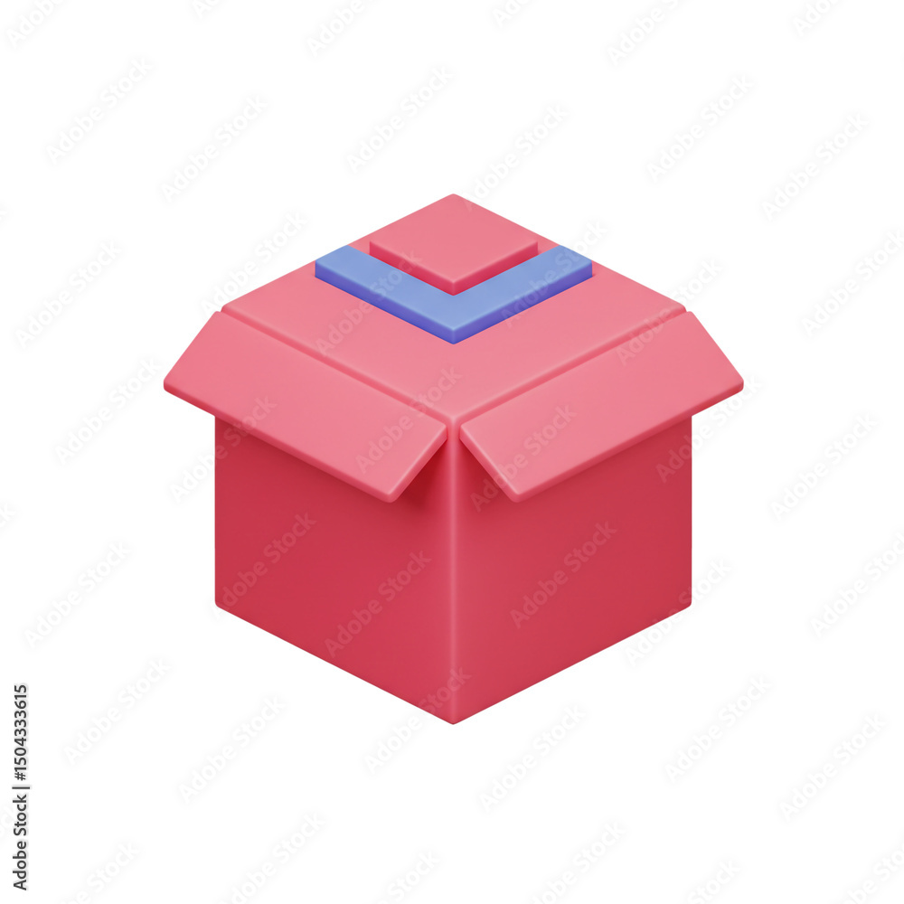 Poster stylized 3d rendering of an open box with a blue square detail emphasizing unboxing experiences and 