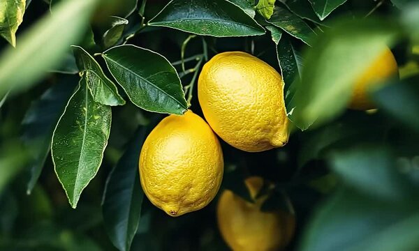 Close-Up of Ripe Meyer Lemons Hanging on a Tree Branch