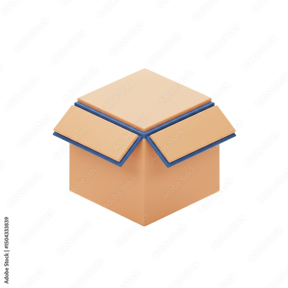 Poster a clean and simple 3d rendering of a corrugated cardboard box with blue trim for packaging or logist