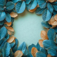 Blue and orange leaves framing a central empty light background