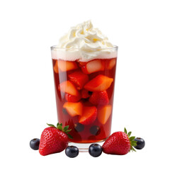 Crisp summer berry parfait with creamy whipped topping in a glass, surrounded by fresh strawberries and blueberries..