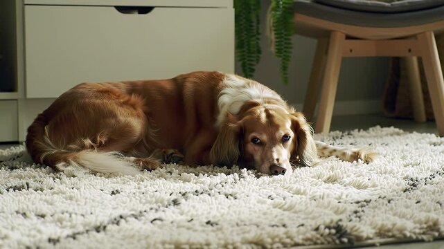 Brown dog with white markings napping on a high-pile white rug