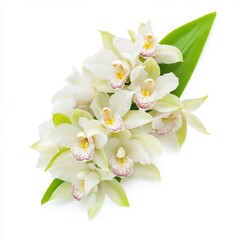 Obraz premium Minimalistic orchid flower on pure white background, elegant botanical beauty in bright, natural light for floral product photography.