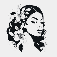 Elegant woman with flowers in her hair creates a silhouette