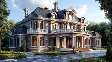 Fototapeta premium Majestic stone mansion architectural design luxurious home exterior estate real estate