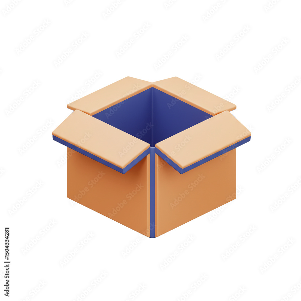 Poster minimalist 3d rendering: open cardboard box for shipping and storage with muted tones offering versa