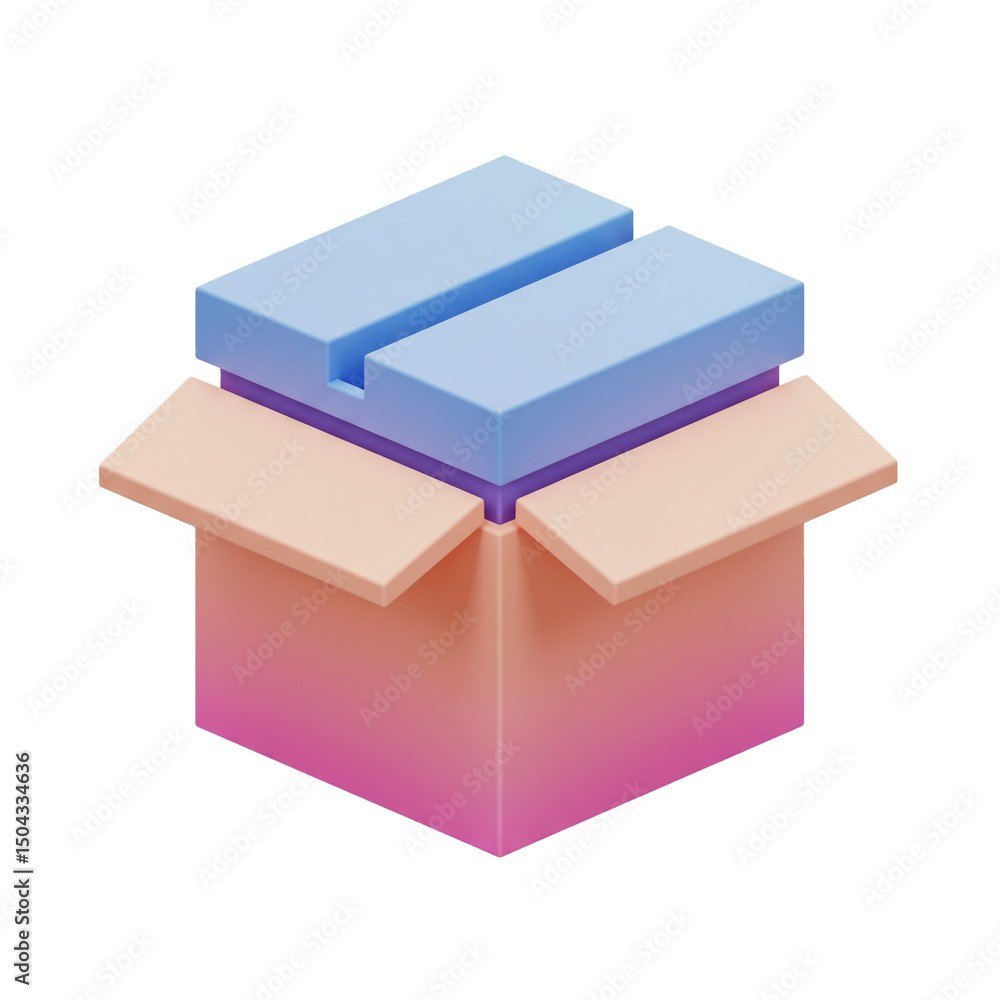 Poster whimsical 3d rendering of open box with pastel colors for delivery, gift, or storage design element,