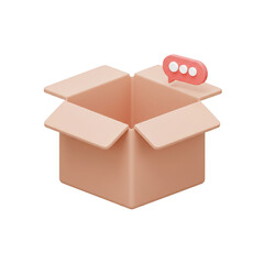 Unboxing Communication: A 3D Render of an Open Box with Speech Bubble for Delivery Feedback or Customer Service Messaging with Three Dots