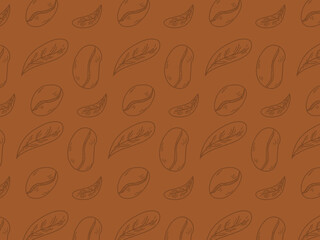Hand-drawn vector illustration featuring coffee beans and coffee leaves in a clean brown and brown line art style. This minimalist doodle design is perfect for coffee packaging, café branding