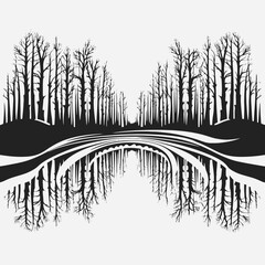 Naklejka premium Forest landscape reflected on the water, peaceful lake silhouette