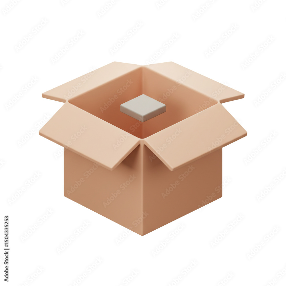 Poster minimalist 3d rendering of an open cardboard box containing a small grey cube, symbolizing package d