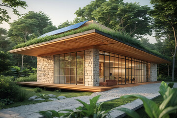 Eco-friendly modern home design with solar panels and green roof surrounded by lush forest