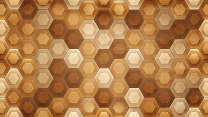 Artistic and sophisticated geometric pattern of warm-toned hexagonal tiles with subtle lighting effects.