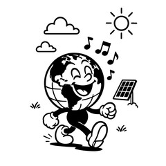 Vector happy character Planet Earth. Cute retro hippie illustration from the 70s