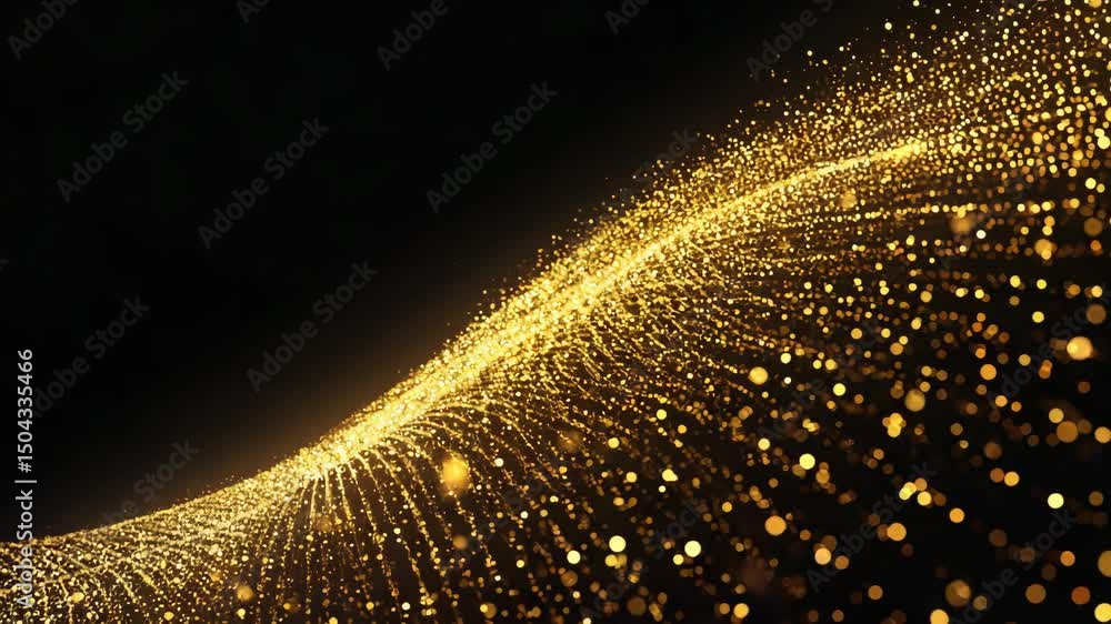 Poster gold particles wave flowing in dark background, abstract glitter curve with glowing bokeh lights in 