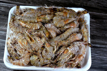 Raw fresh unpeeled shrimps, shrimps are a crustacean (a form of shellfish) with an elongated body and a primarily swimming mode of locomotion, Caridea or Dendrobranchiata of decapod order