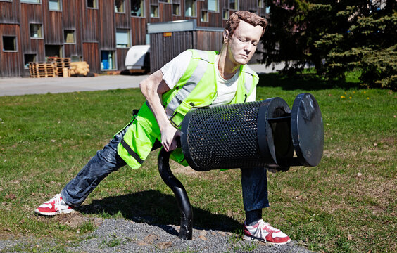 Umea, Sweden &ndash; May 17, 2025: Urban Maintenance Worker Sculpture in Public Space