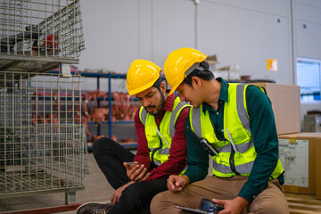 Blue collar workers are working at warehouse.