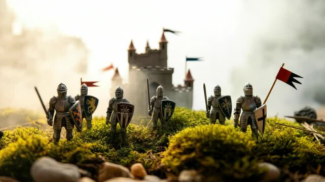 Miniature knights in armor with shields and flags near castle model, surrounded by mist