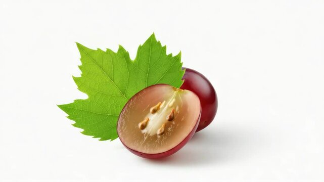 Red grape cut in half with seeds and green leaf on white background