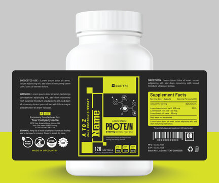 Modern protein supplement label design featuring pixel and bold typography, perfect for health products and gym fitness energy packaging.