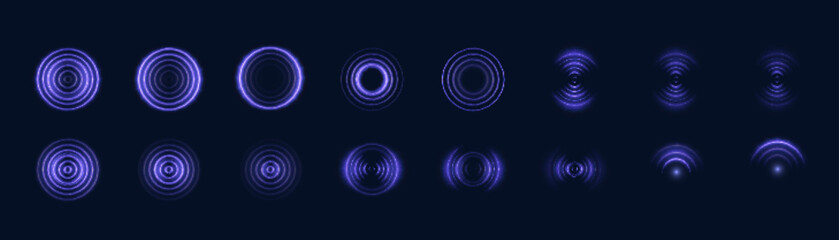 Collection of glowing violet circular ripples and waveforms on a dark background. Ideal for futuristic user interfaces, HUD elements, and tech-based motion graphics.

