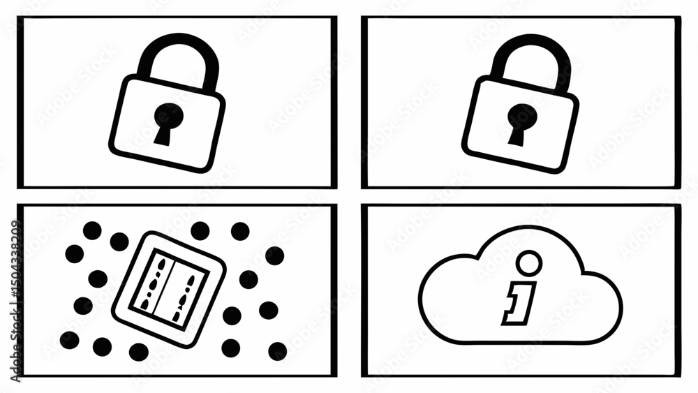Poster four black security and tech icons – shield, open padlock, cloud, binary code with 1.2pt line weight