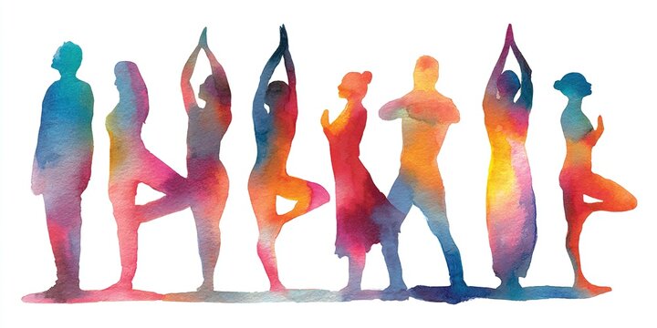 A group of people are doing yoga, practicing various asanas, and meditating. Watercolor drawing. Banner, congratulation, postcard, certificate. High quality
