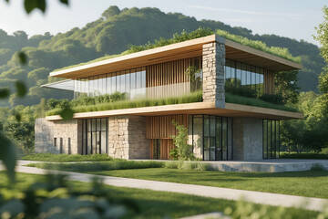 Modern sustainable home with green roof integrating nature into contemporary architecture