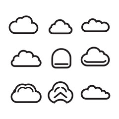 A set of nine line art cloud icons, varying in shape and style.