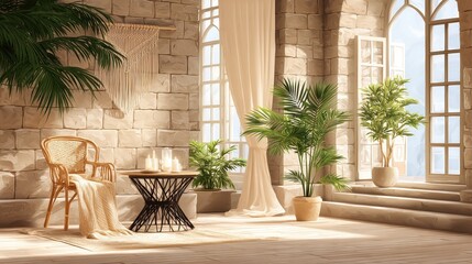 Serene Bohemian Interior Design Sunlit Room with Rattan Chair and Tropical Plants