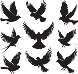 Fototapeta premium A versatile black silhouette vector set featuring flying eagle and bird wing illustrations perfect for nature or tattoo designs.
