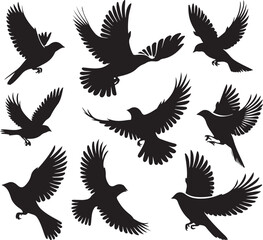 Fototapeta premium A versatile black silhouette vector set featuring flying eagle and bird wing illustrations perfect for nature or tattoo designs.