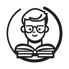 A young man with glasses holds an open book, illustrated in a simple black and white style.