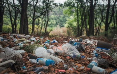 Obraz premium A forest with trash and plastics scattered on the ground