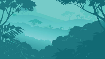 Fototapeta premium tropical jungle landscape with layered trees and teal green gradient vector illustration 