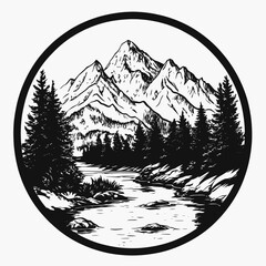 Mountain range peak landscape river forest trees nature scenic outdoor adventure travel black and white art silhouette