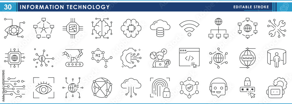 Poster a set of line icons related to information technology. it, computing, chips, developer, digital, ind