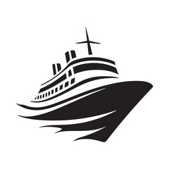 A stylized black illustration of a cruise ship moving swiftly through water.