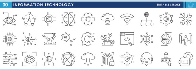 A set of line icons related to Information Technology. IT, computing, chips, developer, digital, industrial, connection, vision, and so on. Vector editable stroke.