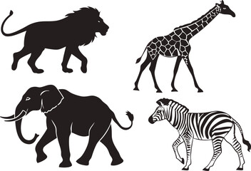 safari animal silhouettes including big five wildlife species vector illustration 