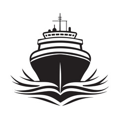 A black and white illustration of a ship sailing on the waves.
