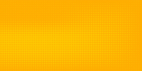 Yellow halftone pattern. Retro comic gradient background. Bright orange pixelated dotted texture overlay. Cartoon pop art faded gradient pattern. Vector backdrop for poster, banner, advertisement © Aiksatas