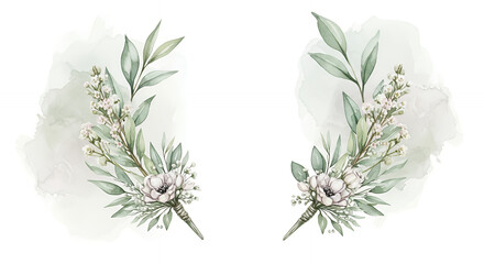 Watercolor floral arrangements with greenery on a soft background  
