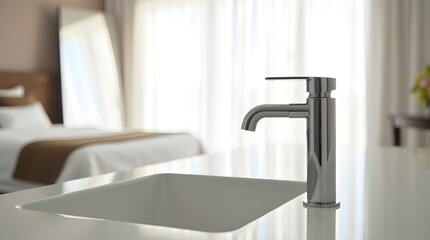 Modern bathroom faucet and sink with bedroom in the background