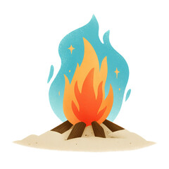 Colorful summer icon. Campfire on sand. Flat style clipart isolated on transparent background. Travel and vacation concept. Design for stickers, t-shirts, summer product advertisement.