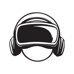 A black and white illustration of a person wearing VR goggles and headphones.