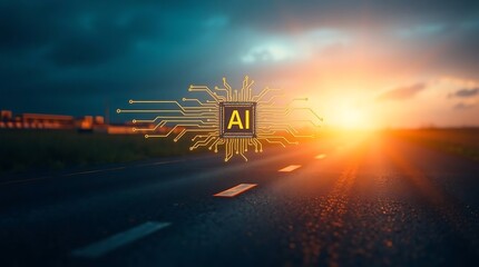 Artificial Intelligence Chip Symbol on Highway – Futuristic AI Technology on Road Concept