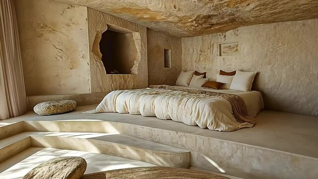 Cave-like bedroom with elevated platform bed