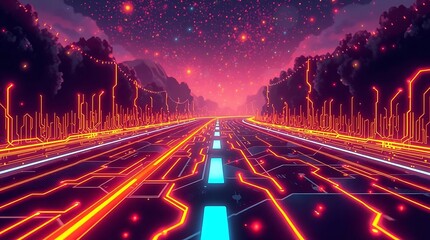 Futuristic Neon Highway Under Night Sky – Glowing Cyber Road with Pink and Blue Light Trails and Moonlit Background